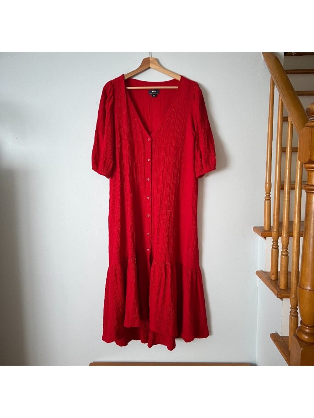 Maeve for Anthropologie Scarletta Crinkle Red Midi Dress Boho Women's Size Small
